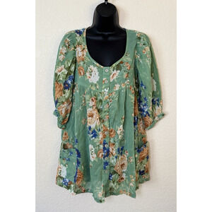 April Cornell Floral Tunic Blouse Green Cotton Puff Sleeve Cottage Boho Peasant